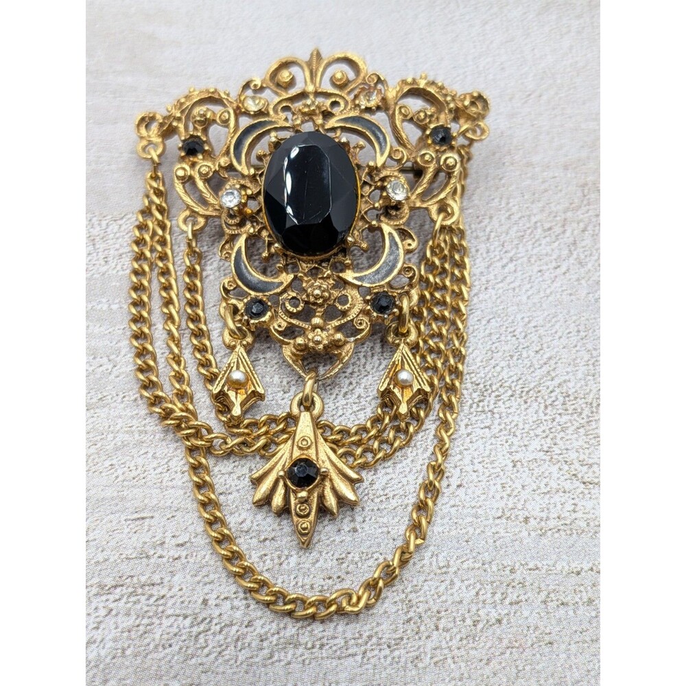 Florenza Brooch Black Cabochon Drape Chain Gold Tone Filigree 2.5in Signed Pin - Picture 2 of 16